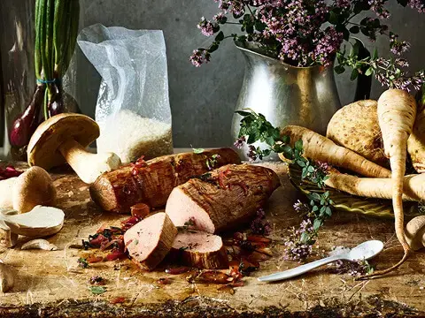 QSFP Milchkalbssemerrolle mit Steinpilzrisotto QSFP Milchkalbssemerrolle mit Steinpilzrisotto